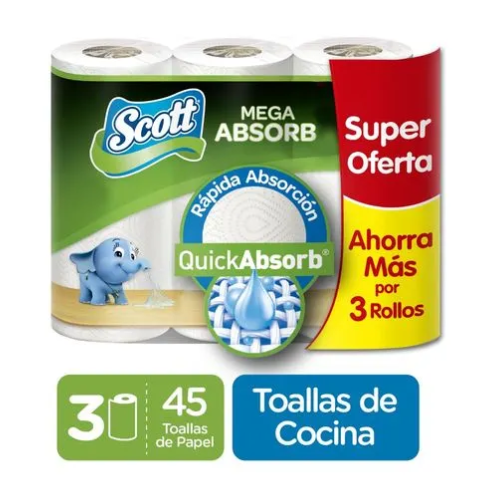 TOALLA DE COCINA SCOTT MEGA ABSORB 3UND 45HOJAS